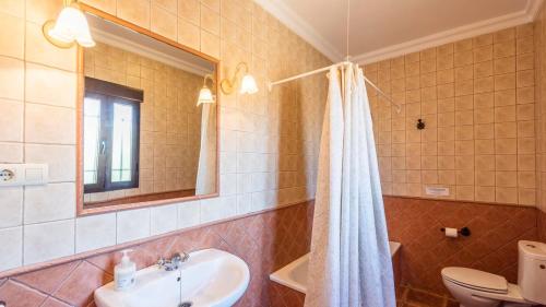 un bagno con lavandino, WC e specchio di Casa La Pedrosa Setenil de las Bodegas by Ruralidays a La Cimada
