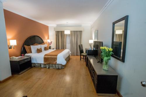 モンテレイにあるPlaza de Oroのベッドと鏡が備わる広いホテルルームです。