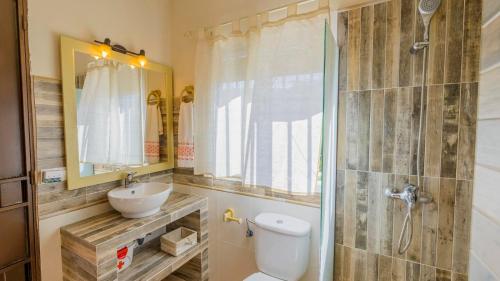 La salle de bains est pourvue de toilettes, d'un lavabo et d'une douche. dans l'établissement Casa Rincon de la Abuela Maria Prado del Rey by Ruralidays, à Prado del Rey