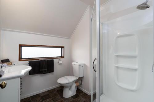 a bathroom with a toilet and a sink and a shower at Centennial Court Hotel in Alexandra