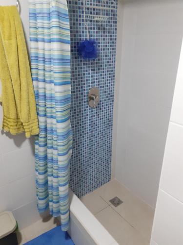 a shower with a blue and white shower curtain at Casa de Tulia in Quito