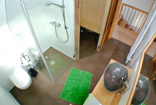 an overhead view of a bathroom with a shower at Chalet Ur-Gmiatli in Grafendorf bei Hartberg