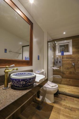 a bathroom with a sink and a toilet and a shower at Pousada Serra Paradiso in Gramado