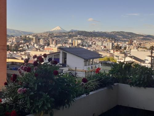 a view of a city from a balcony with flowers at Casa de Tulia in Quito