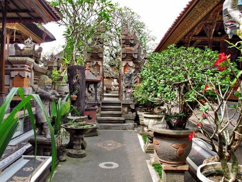 a garden with potted plants and trees in a building at Angga Homestay in Ubud