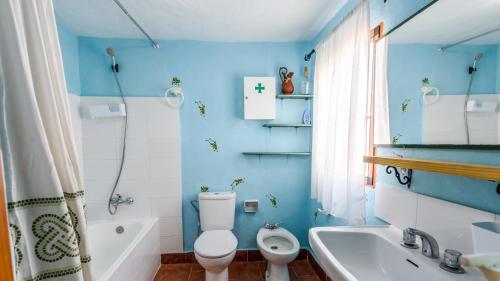 ein blaues Badezimmer mit einem WC, einer Badewanne und einem Waschbecken in der Unterkunft Casa La Palmera Villanueva de la Concepcion by Ruralidays in Villanueva de la Concepción