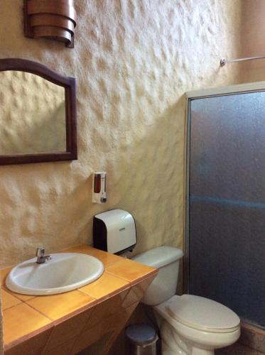 a bathroom with a sink and a toilet and a mirror at Confort Arenal in Fortuna