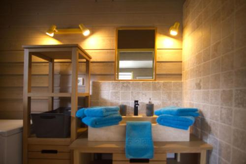 a bathroom with a sink and blue towels at La Pitchounette Mas Val-Chênaie Gordes in Gordes