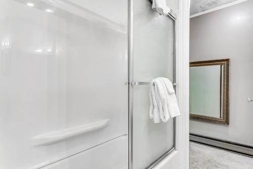 a glass shower door in a bathroom with a mirror at Dogwood Branch in Beech Mountain