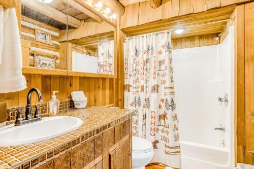 a bathroom with a sink and a toilet and a shower at Best Log Cabin in Brightwood
