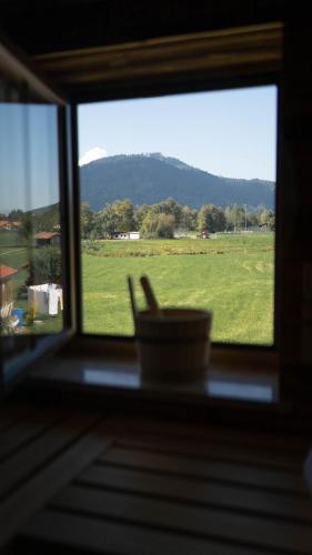 a window with a view of a field of grass at Alpensuite Wellness in Inzell