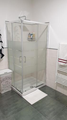 uma cabina de duche em vidro numa casa de banho com piso em Relais_Seriate em Seriate