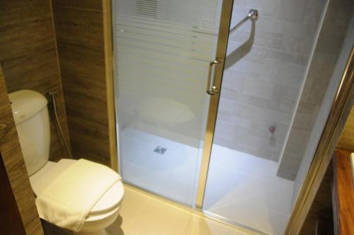 a bathroom with a toilet and a glass shower at Hotel Veneto De Vigan in Vigan