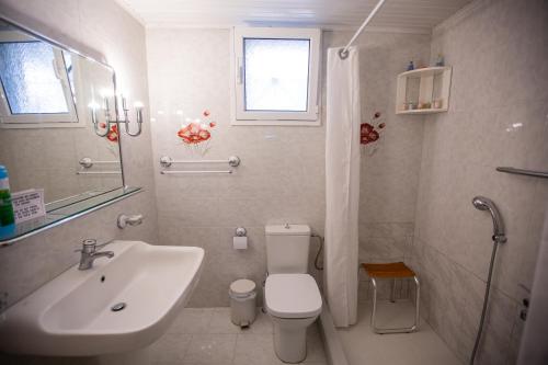 a white bathroom with a sink and a toilet at Amaryllis Holiday Home in Agios Spiridon Fokidas