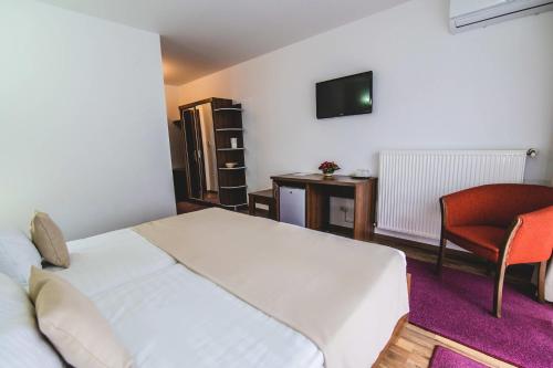 a bedroom with a bed and a desk and a television at Hotel Class in Brezoi
