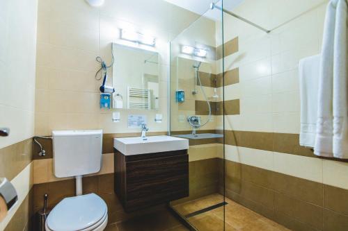 a bathroom with a toilet and a sink and a mirror at Hotel Class in Brezoi