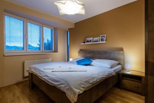 1 dormitorio con 1 cama grande con almohadas azules en Apartmany Tilia, en Nová Lesná