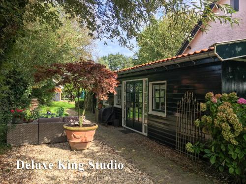 een klein zwart huis met een potboom ernaast bij Vakantiehuizen Kats Zeeland De Zwaluwenhof in Kats