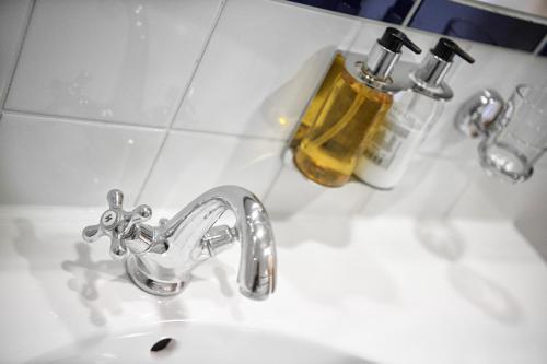 a bathroom sink with a bottle of soap on it at Hotel Marienhof in Reichenau