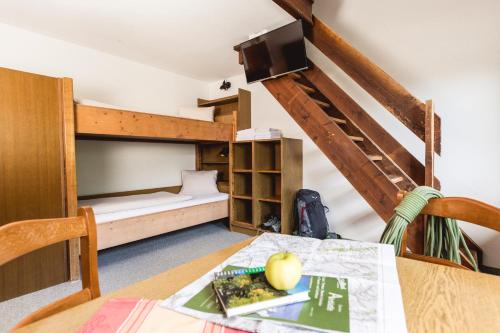 a room with a table and a bunk bed at Gästehaus Tauernhaus in Matrei in Osttirol