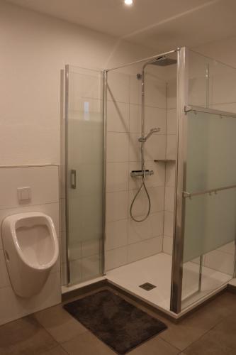 uma casa de banho com um chuveiro, um WC e um urinol em Apartment "Anne" in ehemaliger Schuhfabrik em Herxheim