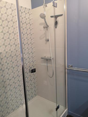 een douche met een glazen deur en een douchekop bij L'imprimerie, charmant pied à terre, tout confort in Rennes
