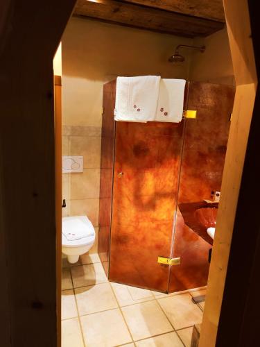 a bathroom with a toilet and a glass shower door at Hotel San Gabriele in Rosenheim