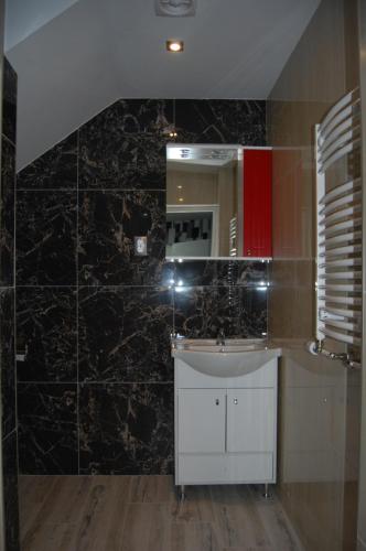 a bathroom with a sink and a mirror at Vila Phoenix in Călimăneşti
