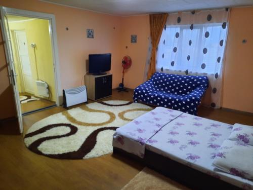 a bedroom with a bed and a rock wall at Vila la Izvorul Putinei in Haţeg