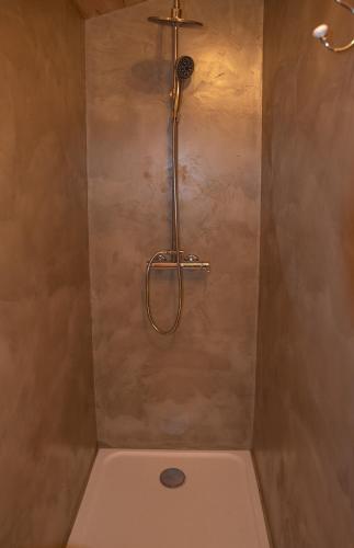 une douche avec pommeau de douche dans une salle de bain dans l'établissement Joli chalet en bois à 7 mn des plages du Bassin d'Arcachon, à Andernos-les-Bains