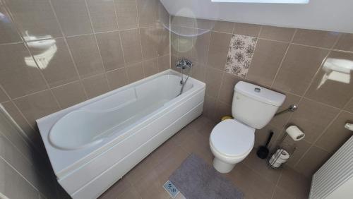 a bathroom with a toilet and a tub and a sink at Vila Pestera in Peştera