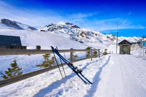 a pair of skis leaning against a fence in the snow at HOTEL FAMILIAR MAXIMINA in Sallent de Gállego