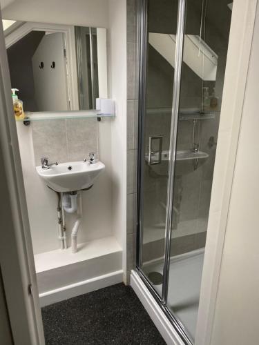 a bathroom with a sink and a shower at The New Wheel Inn in Lymington