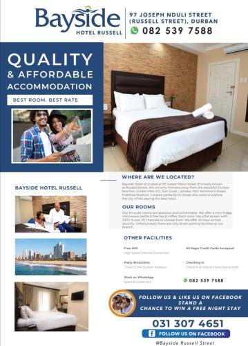 catálogo de una habitación de hotel con cama y póster en Bayside Hotel 97 Russell Street en Durban