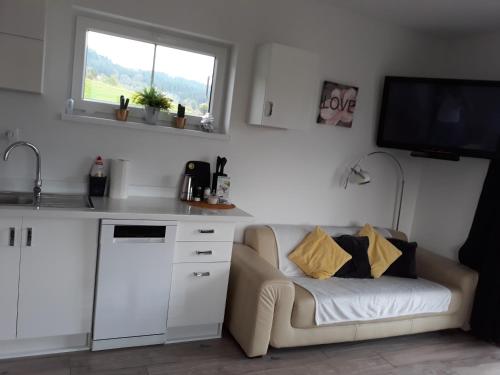 a living room with a couch and a sink and a window at Domki pod Groniem in Kasina Wielka