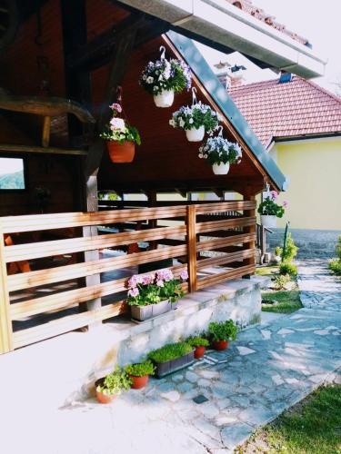 a house with potted plants on a fence at Medjedovica Brdo Godovik in Godovik