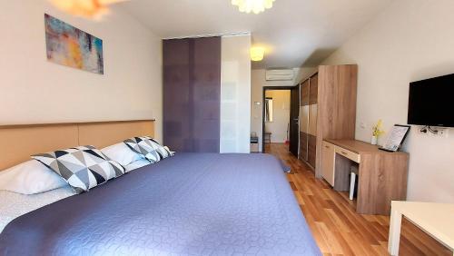 a bedroom with a large bed with pillows and a television at Rooms and Apartments IstraSoley in Bale