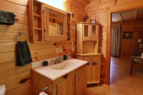 baño con lavabo en una cabaña de madera en The Crows Nest, en Lake Lure