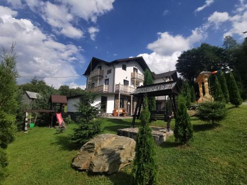 a house on a green yard with a rock at Alpina Panoramic in Moisei