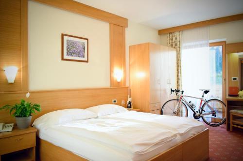 a bedroom with a bed and a bike on the wall at Hotel Waldheim in Sarnonico