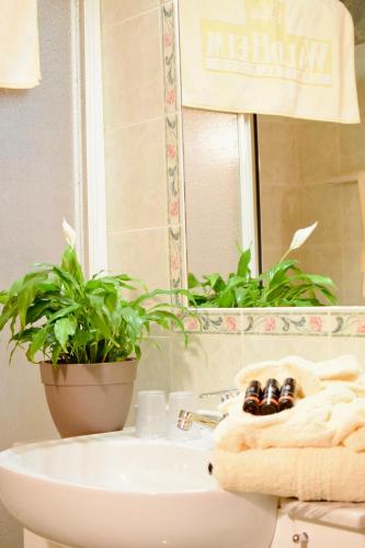 a bathroom with a sink and a mirror at Hotel Waldheim in Sarnonico