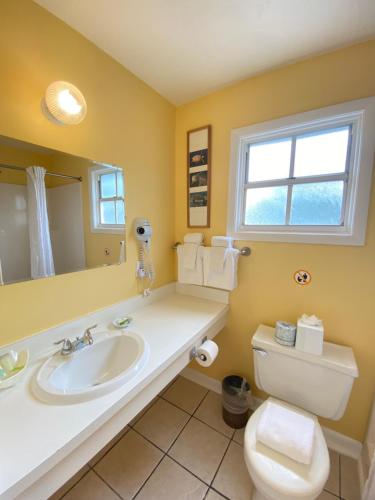 a bathroom with a sink and a toilet and a mirror at The Palms Hotel in Key West