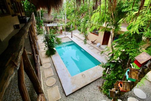an overhead view of a swimming pool in a yard at La Selva Apartments Tulum in Tulum