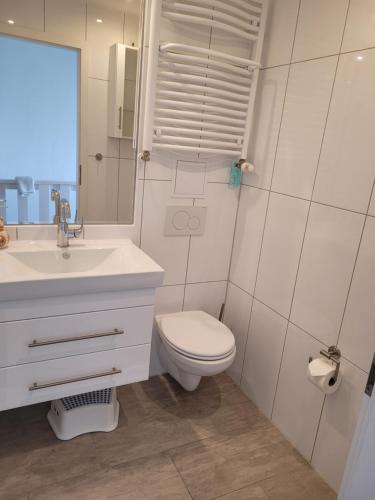 a white bathroom with a toilet and a sink at Ferienwohnung Bergpanorama mit Pool in Sankt Englmar