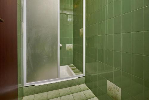 een groene betegelde badkamer met een douche en een spiegel bij Anka in Medulin * Istrien in Medulin