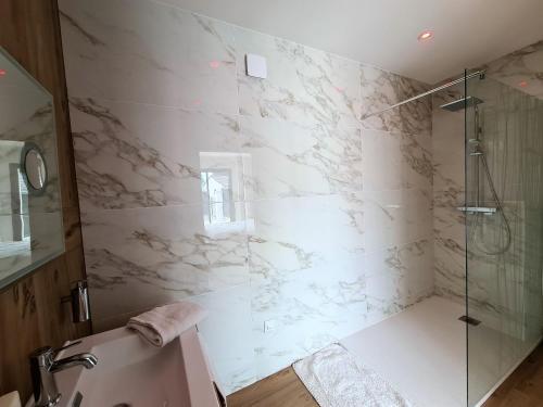 a bathroom with a shower and a sink at La suite de la route des chateaux in Arsac