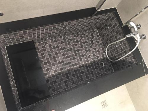 a bathroom with a shower with a black tile wall at 溫沙堡汽車旅館 Windsor Castle Garden Motel in Jiaoxi
