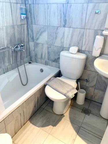 a bathroom with a toilet and a tub and a sink at Anezina Village in Drios