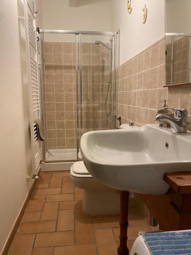 een badkamer met een wastafel, een toilet en een douche bij Ancora bilocale in Marina di Massa