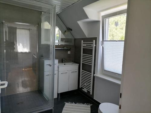 La salle de bains est pourvue d'une douche en verre et d'un lavabo. dans l'établissement Ferienwohnnung Herling, à Siegen